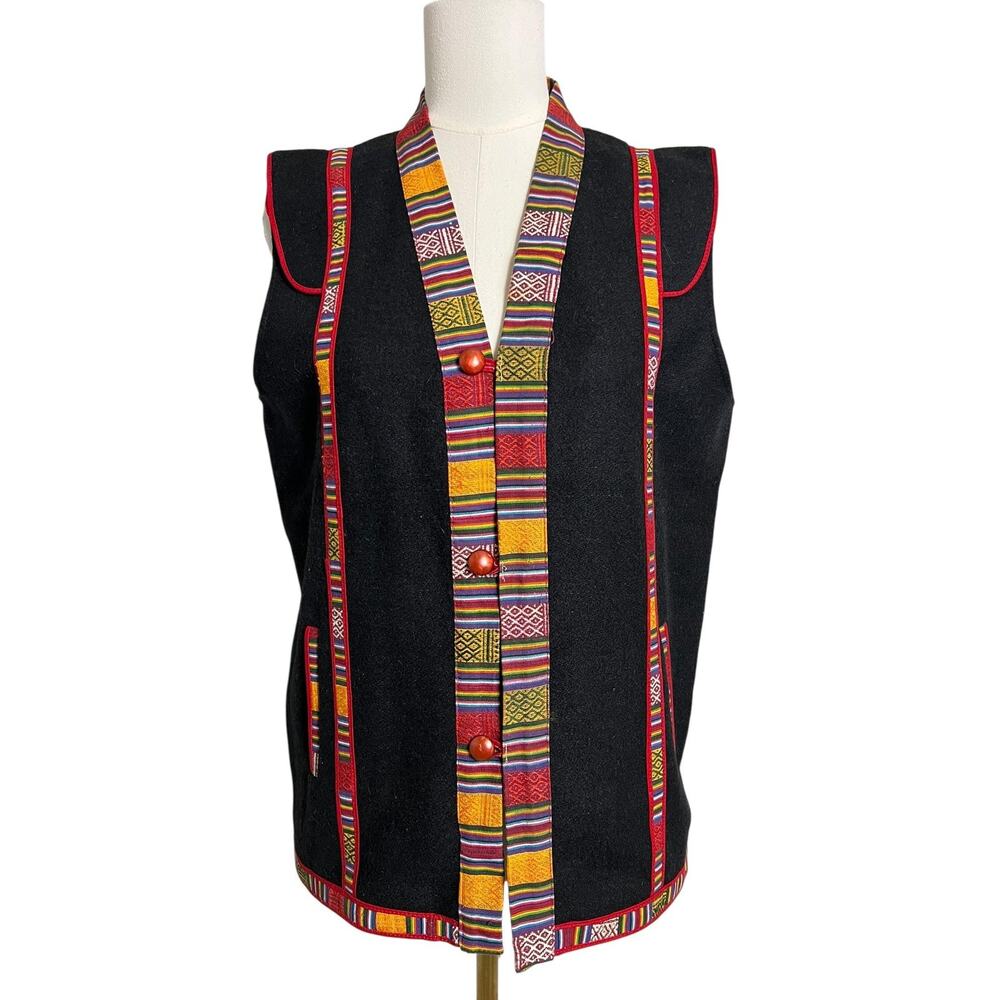 Wool Vest Womens Black Peruvian Stripe Trim Button Front Boho Tribal Embroidered
